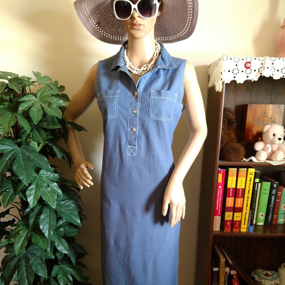Blue Chambray Sleeveless Sheath Dress for Spring/Summer Street Wear